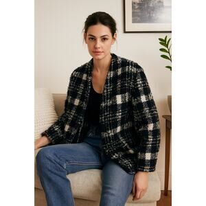 Veronica Beard Crispin Tweed Coat Black Wool Blend Boxy Oversized Jacket 10